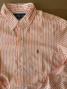 RALPH LAUREN Blue Label Orange & White Striped Button-Down Shirt with Green Pony